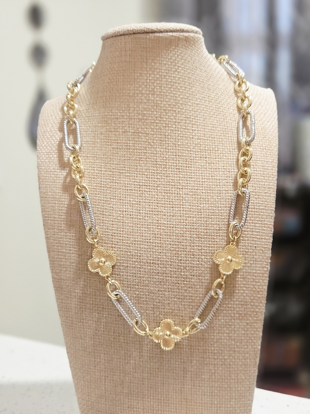 Two-Tone Gold and Silver Floral Link Necklace